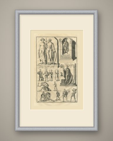 Funerary Monuments and Fighting Soldiers, Montfaucon Roman Plate, 1722, shown framed