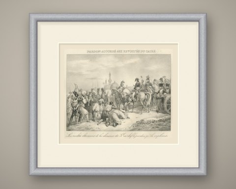 Pardon for the Rebels of Cairo, Egypt, Antique Madou Lithograph, 1827, shown framed