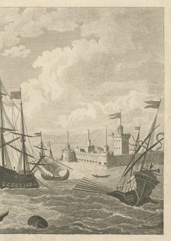 View of the Dardanelles, Ottoman Fortress and Shipping, Engraving, circa 1783, close-up 2