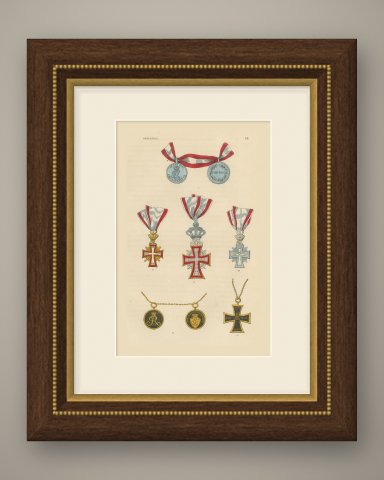 Orders of Denmark, Dannebrog Crosses and Long Service Medals, Plate XX, 1844, shown framed
