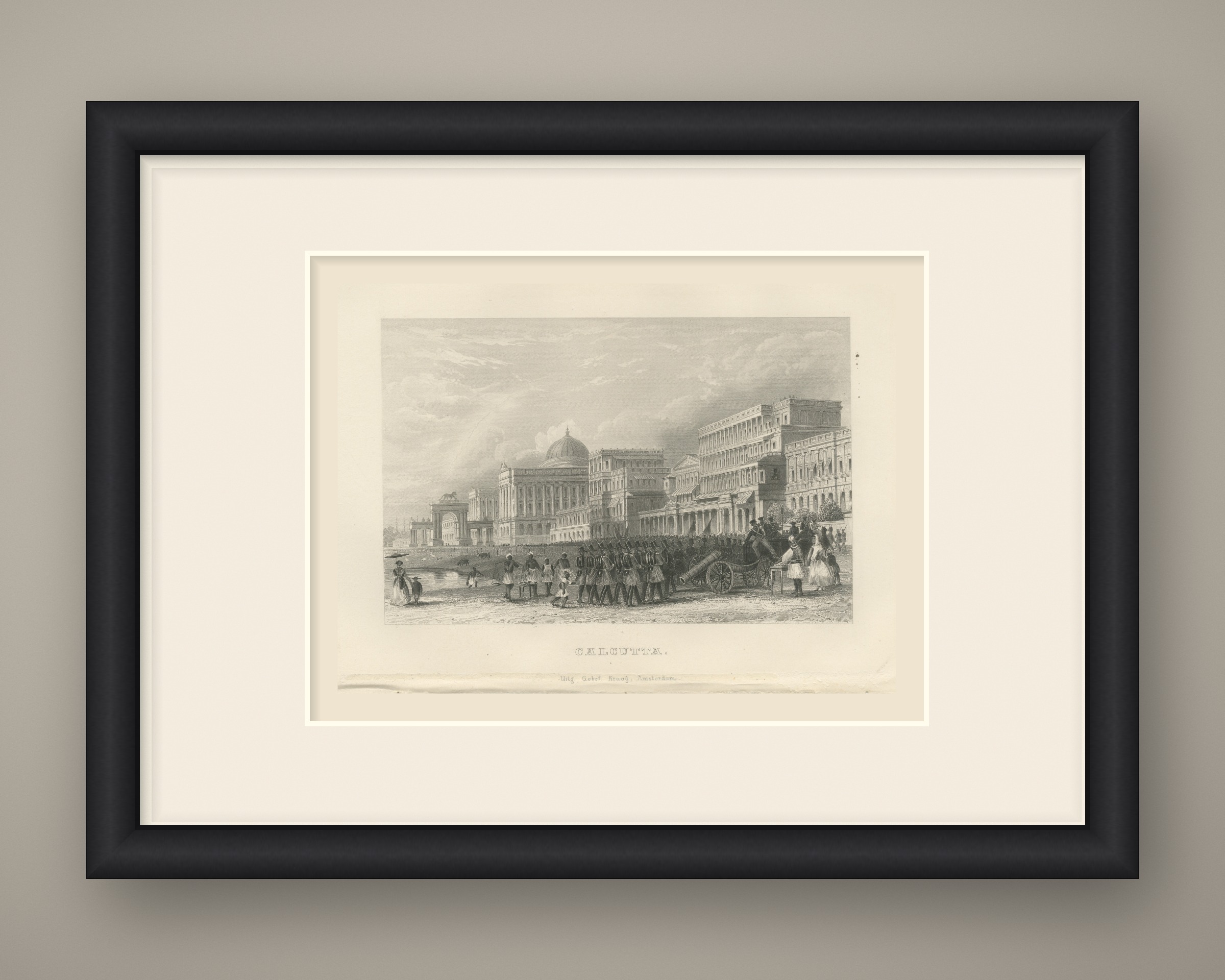 Calcutta, Soldiers and Artillery Before Classical Palaces, Engraving, 1859, shown framed