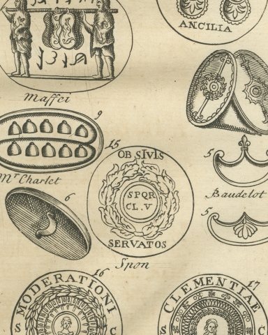 Roman Shields, Ancilia and Military Coins with Trajan's Column Relief, 1722, close-up 2