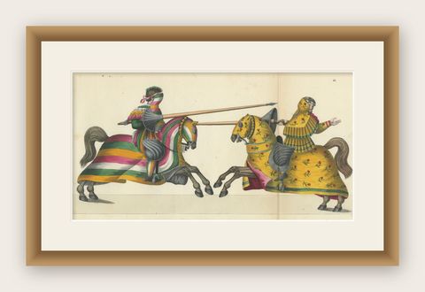 Hand-Coloured Jousting Scene with Vibrant Striped and Floral Caparisons, 1842, shown framed