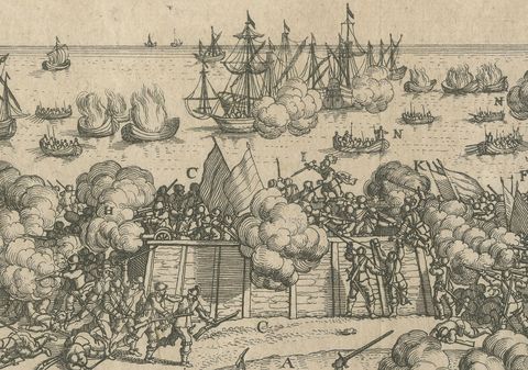 Battle of Kauwenstein Dijk, 1585: Siege of Antwerp Engraving with Latin Legend, close-up 2