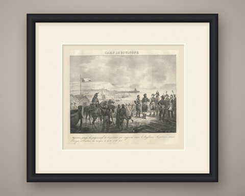 The Camp of Boulogne, the Invasion Flotilla, Antique Madou Lithograph, 1827, shown framed