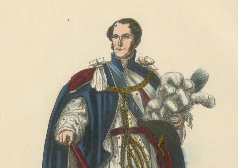 Knight of the Garter, King Leopold I, Hand Colored Wood Engraving, 1844, close-up 1