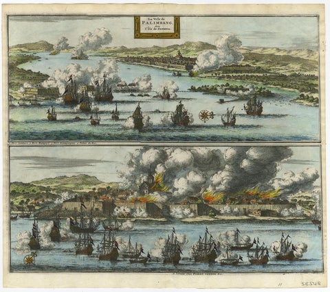 Decorative Engraving of VOC Battle Ships Attacking Palembang in Sumatra, ca.1700, view 2