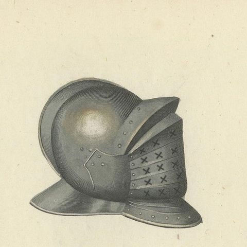 19th-Century Hand-Coloured Lithograph of Ornate Knightly Helmets with Plumes, close-up 3