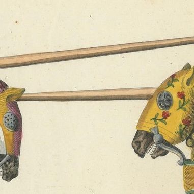 Hand-Coloured Jousting Scene with Vibrant Striped and Floral Caparisons, 1842, close-up 6
