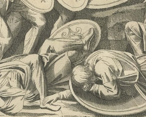 Romans and Barbarians Fighting at a Palisade, Montfaucon Engraving, 1722, close-up 2