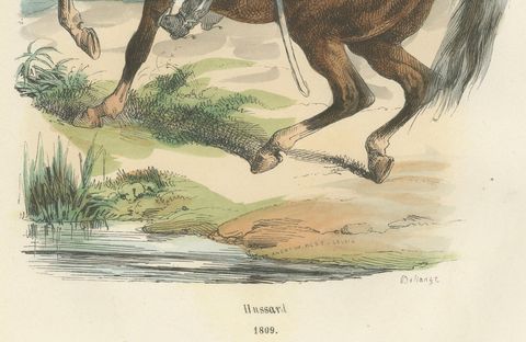 Hussar Cavalryman on Horseback, Napoleonic Military Print. Published in 1843, close-up 1