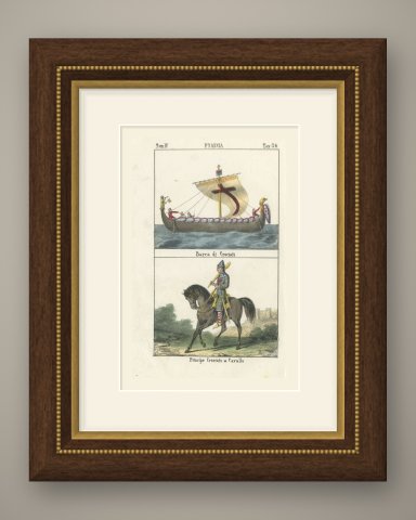 Crusader Ship and a Crusader Prince on Horseback, Hand Colored Lithograph, 1842, shown framed