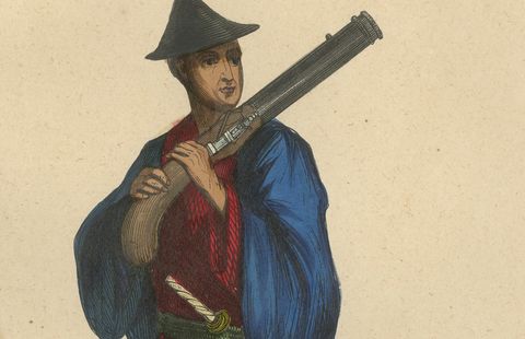 Japanese Soldiers Depicted in Hand-Colored Lithographs, Published in 1844, close-up 1