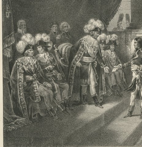 Reception by the Directory, Campo Formio, Antique Madou Lithograph, 1827, close-up 1