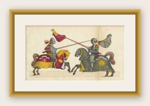 1842 Hand-Coloured Lithograph: Two Knights Jousting in Vibrant Heraldic Colours, shown framed