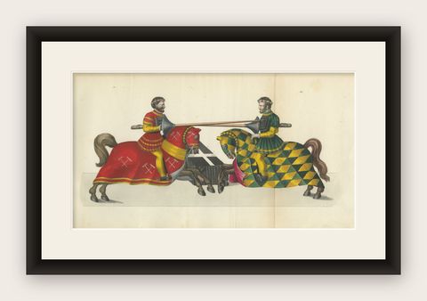 19th-Century Hand-Coloured Lithograph of Jousting Gentlemen in Vibrant Attire, shown framed