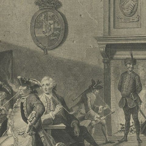 Fine Engraving Depicting an Officer's Mess in the Low Countries, 'Holland', 1754, close-up 2