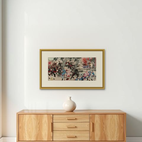 Meiji-Era Triptych of the Battle of Pyongyang in the Sino-Japanese War, 1894, shown framed on a wall