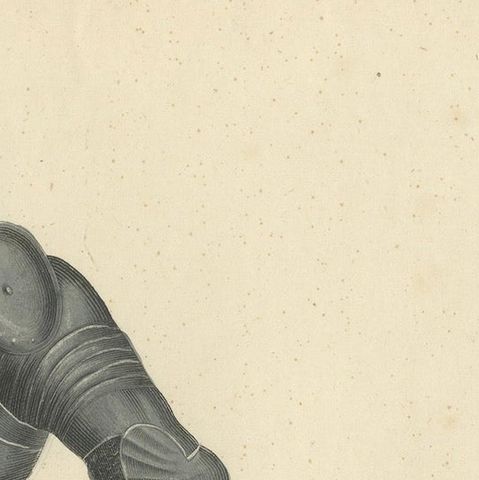 19th-Century Hand-Coloured Lithograph of Medieval Plate Armor Components, close-up 3