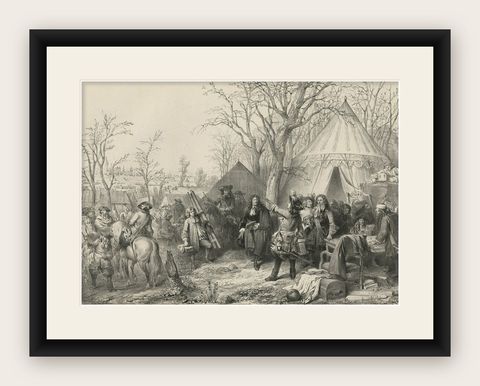 Antique Print of A. Vandermeulen at the Siege of Valenciennes by Madou, 1842, shown framed