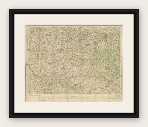 1914 WWI British War Office Map of Arras, Amiens and Reims, Edward Stanford, shown framed