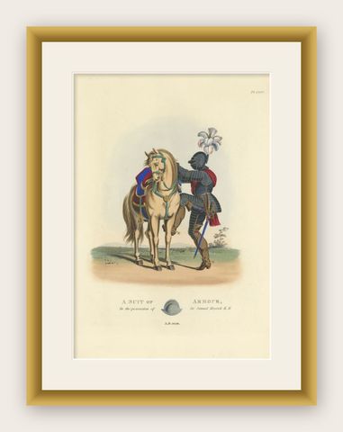 Original Handcolored Antique Print of a Suit of Armour, '1842', shown framed