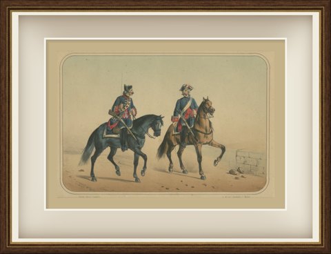 Two Spanish Cavalrymen in Tricorns, Lithograph by Villegas, Madrid, 1861, shown framed