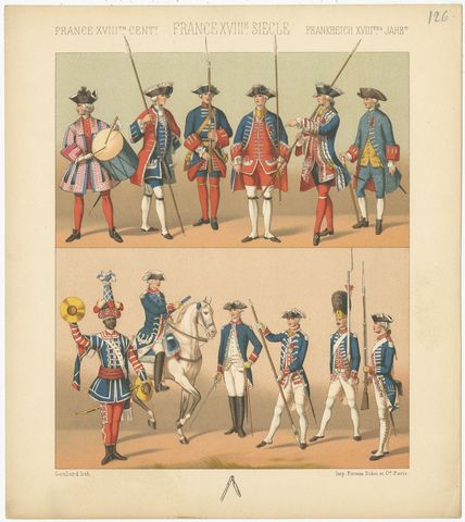 Pl. 126 Antique Print of French 18th Century Military Outfits by Racinet, view 2
