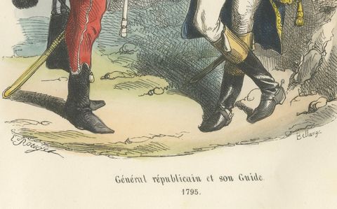 Republican General & His Guide 1795, Napoleonic Era Military Uniform Print, 1843, close-up 1