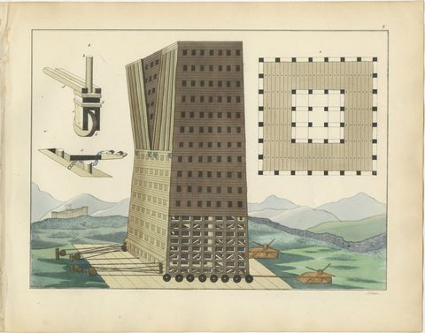 19th-Century Detailed Hand-Coloured Lithograph of a Large Medieval Siege Tower, view 2