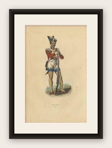 Antique Print of a Hindu Soldier with Riffle, 1843, shown framed