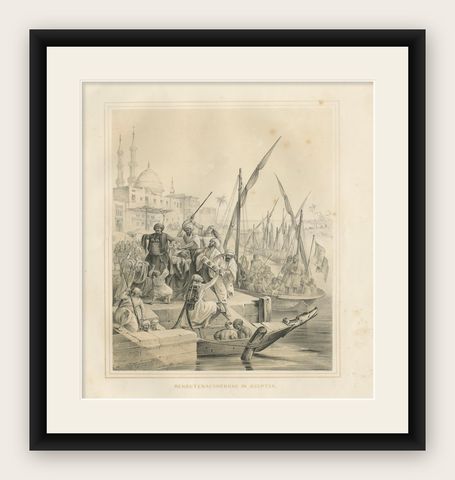 Antique Egyptian Army Recruitment at the Nile Harbor from Maximilian, 1846, shown framed
