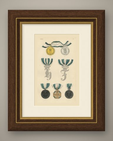 Orders of Anhalt, Monograms and Merit Medals, Plate II, Wood Engraving, 1844, shown framed