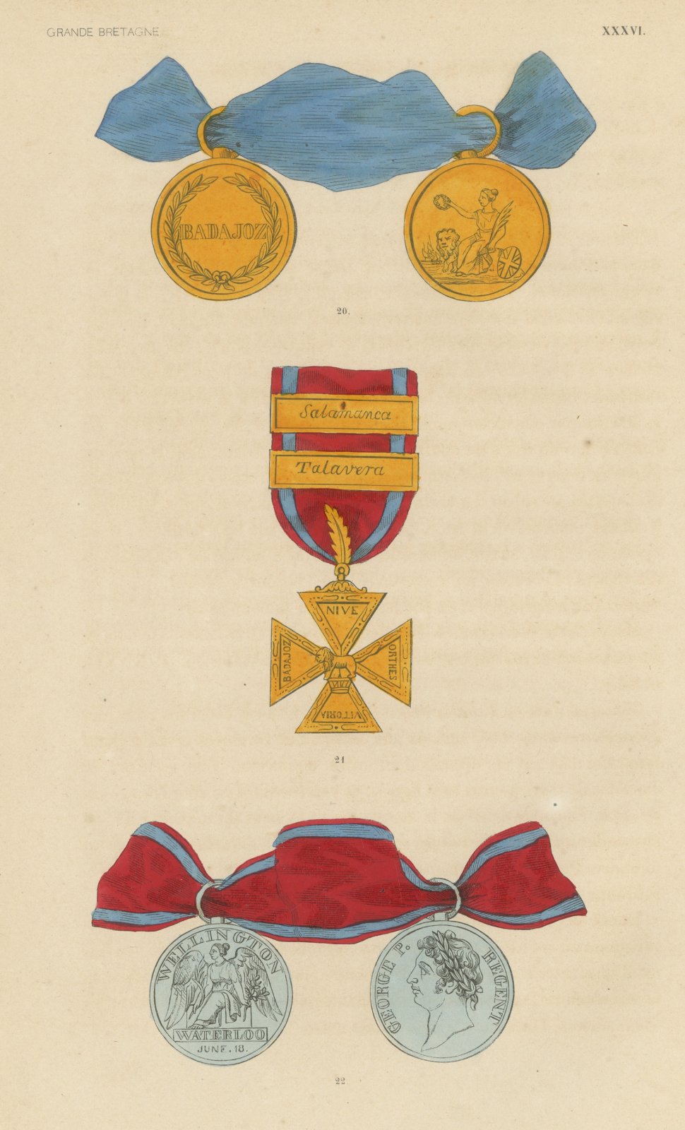 Great Britain, Waterloo and Peninsula Medals, Plate XXXVI, Wood Engraving, 1844