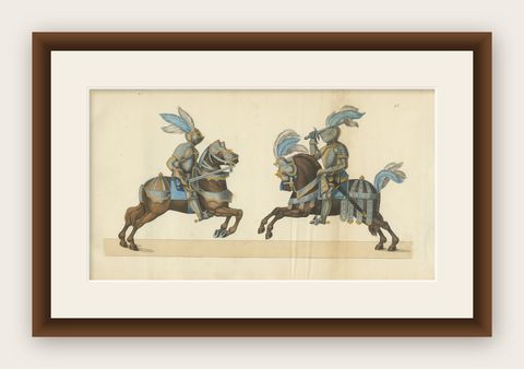 Hand-Coloured Litho of Knights in Jousting Armor on Caparisoned Horses, 1842, shown framed