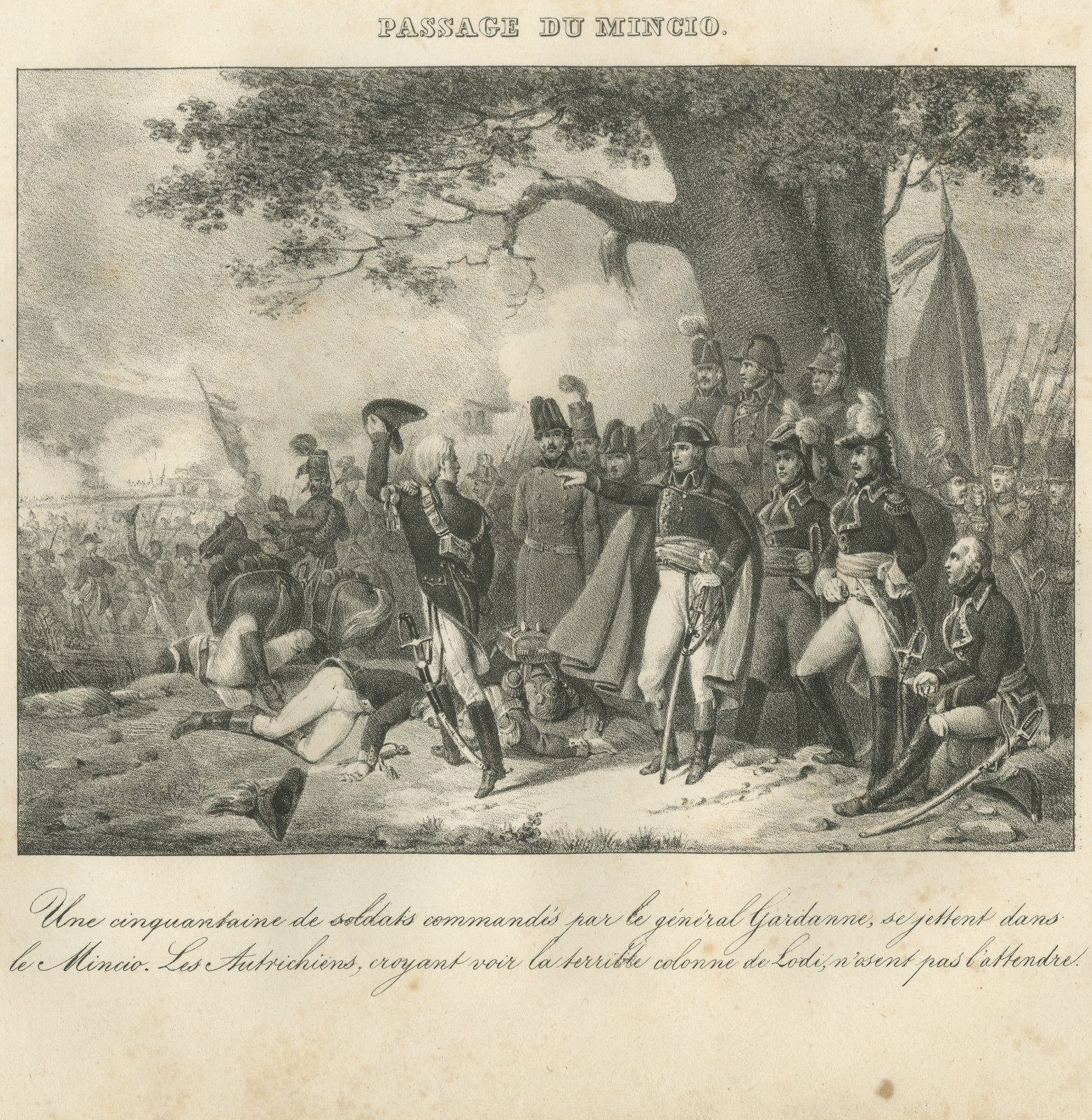 Crossing the Mincio, General Gardanne, Antique Madou Lithograph, 1827