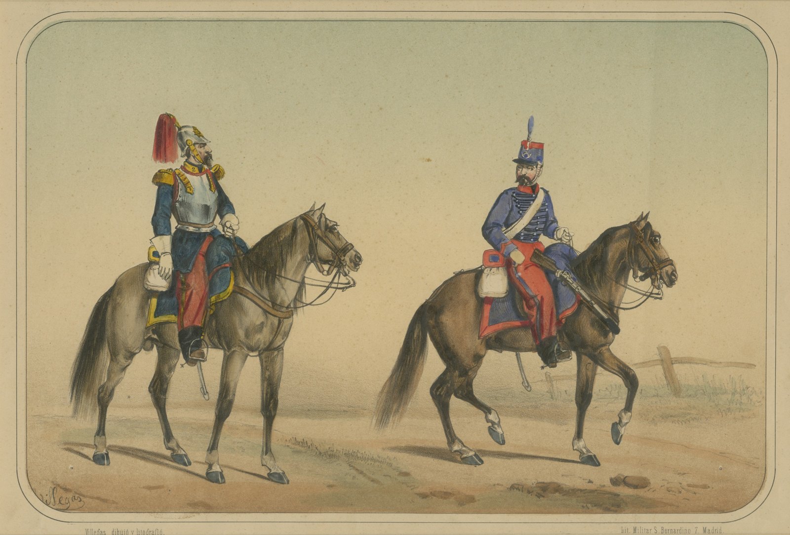 Spanish Cuirassier and Light Cavalryman, Villegas, Hand Colored Lithograph, 1861
