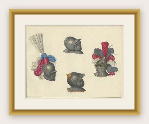 19th-Century Hand-Coloured Lithograph of Ornate Knightly Helmets with Plumes, shown framed