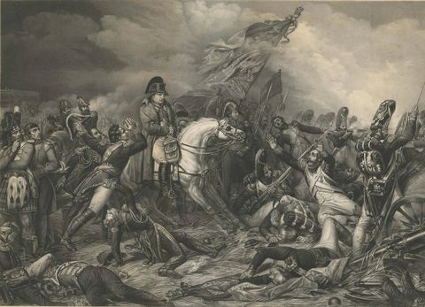 Large Mezzotint of Napoleon at the Battle of Waterloo German Print, c1850, close-up 1