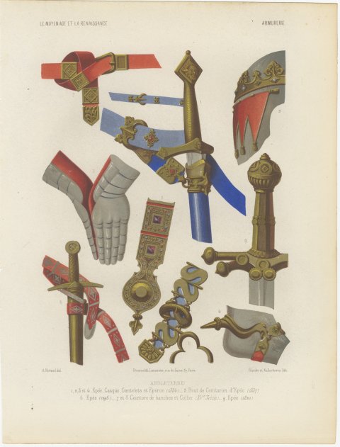 English Sword, Helm and Gauntlets, Antique Print, 1851, view 2