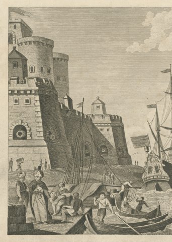 View of the Dardanelles, Ottoman Fortress and Shipping, Engraving, circa 1783, close-up 1