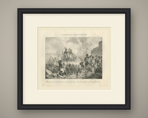 Siege of Acre, Napoleon Turns Back, Antique Madou Lithograph, 1827, shown framed