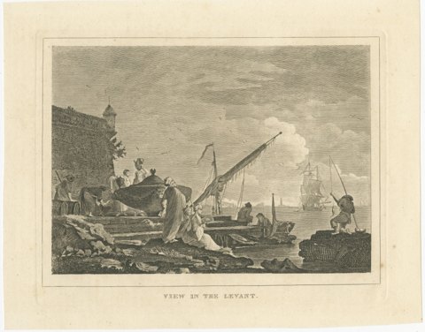 View in the Levant, Harbor Quay below a Fortress, Antique Engraving, circa 1820, view 2