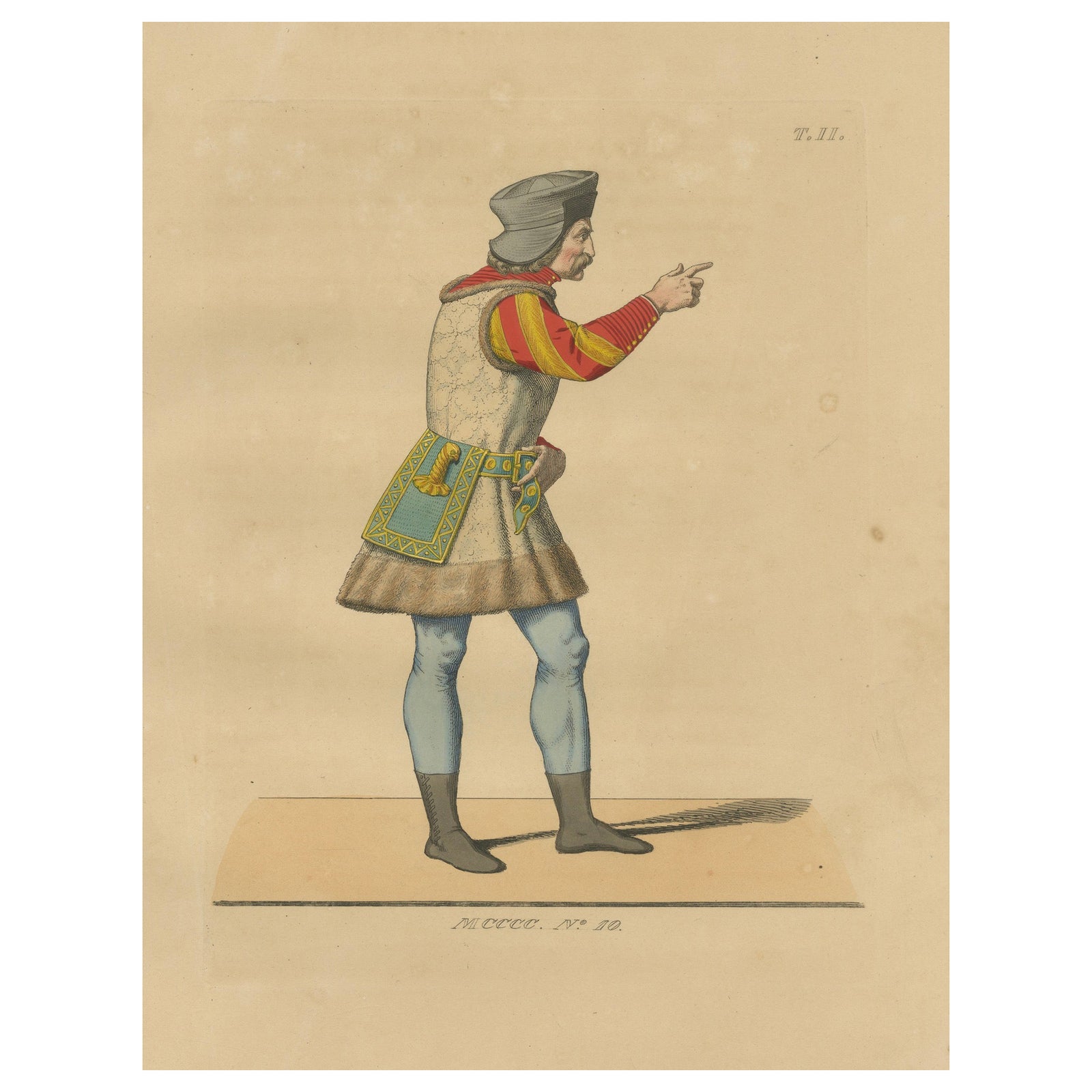 Swiss Guard Costume, Antique Hand-Colored Lithograph by Bonnard, 1845