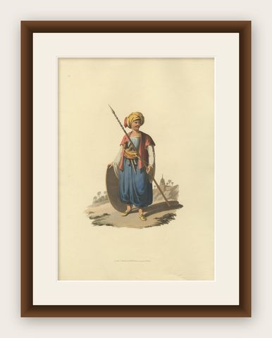 Antique Print of Mameluke of Grand Vizier, the Military Costume of Turkey, 1818, shown framed