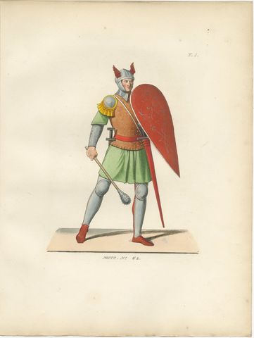 Armored Knight c.1400 with Winged Helmet, Antique Print Published 1845, view 2