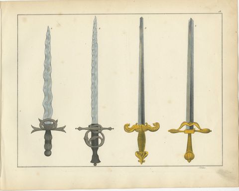 19th-Century Hand-Coloured Lithograph of Ornate Medieval and Renaissance Swords, view 2