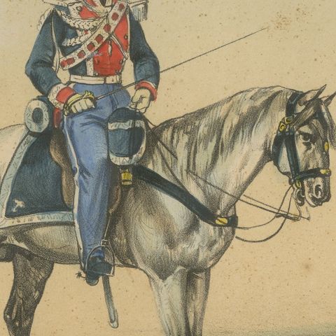 Spanish Cavalry Lithograph by José Villegas: Royal Bodyguards, 1861, close-up 1