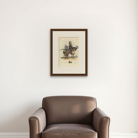 Antique Print of Suits of Armour on a Horse, 1842, shown framed on a wall