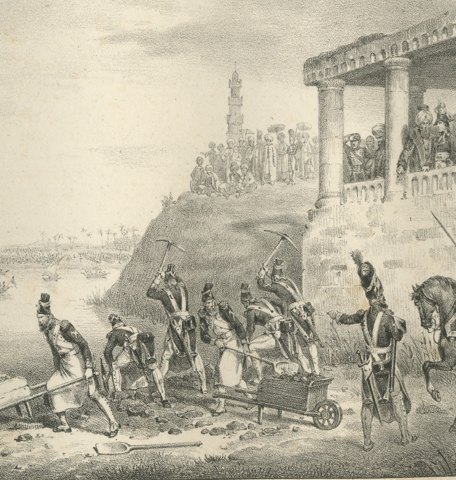 Cutting the Dyke of the Nile, Cairo, Antique Madou Lithograph, 1827, close-up 3